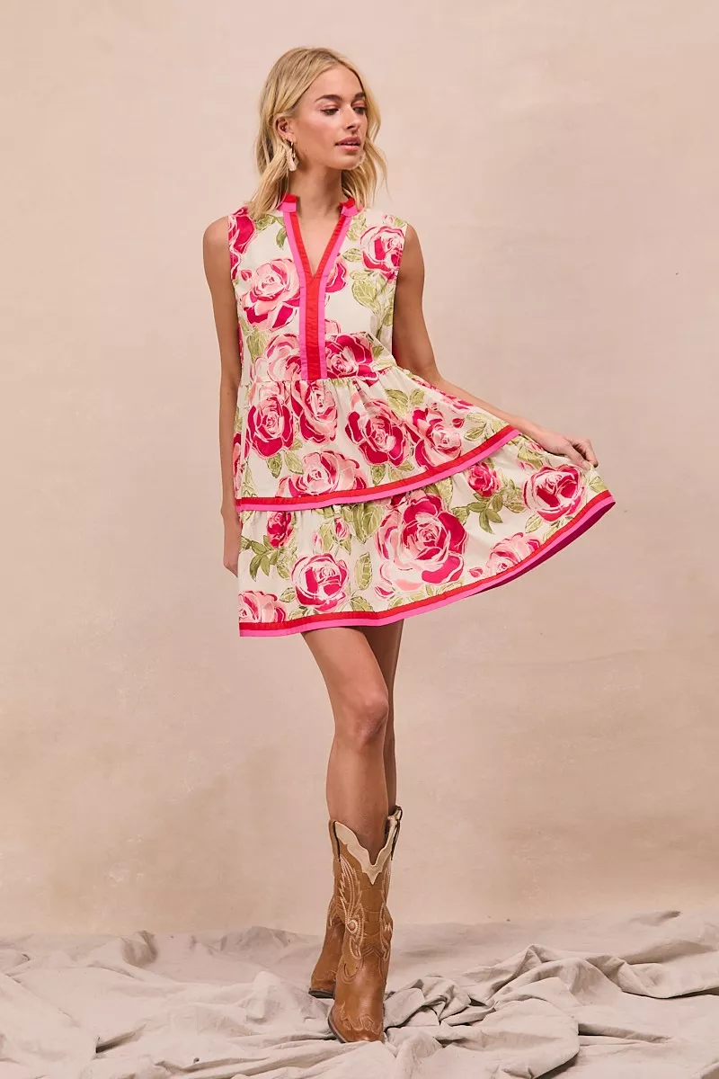 BiBi Floral Woven Contrast Edge Tiered Ruffle Mini Dress - Image 6