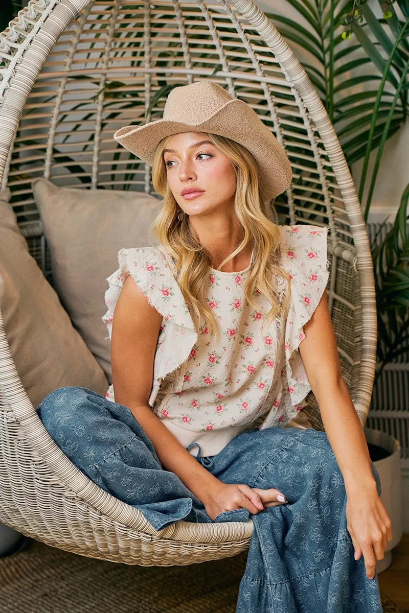 BiBi Flower Printed Ruffle Sleeve Trim Detail Top - Image 15