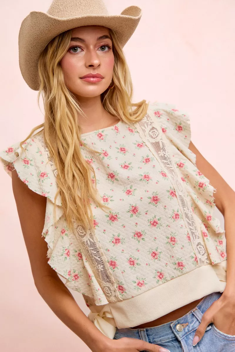 BiBi Flower Printed Ruffle Sleeve Trim Detail Top - Image 38