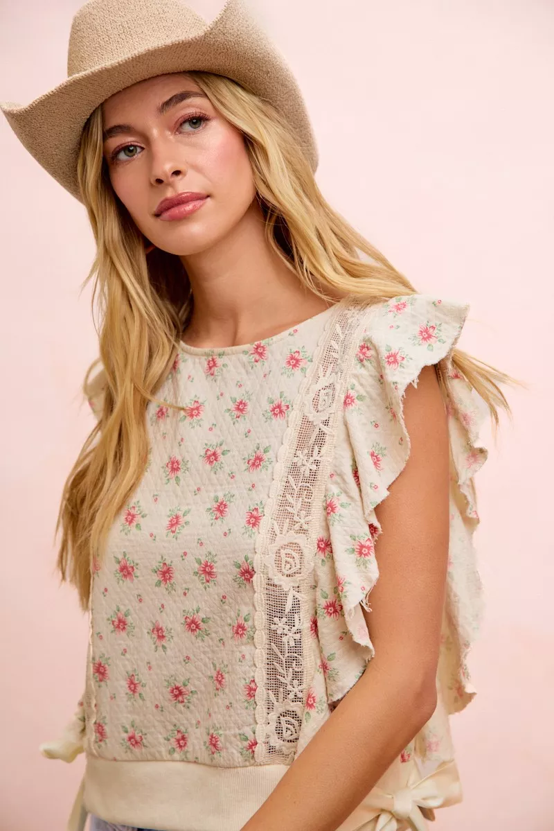BiBi Flower Printed Ruffle Sleeve Trim Detail Top - Image 39