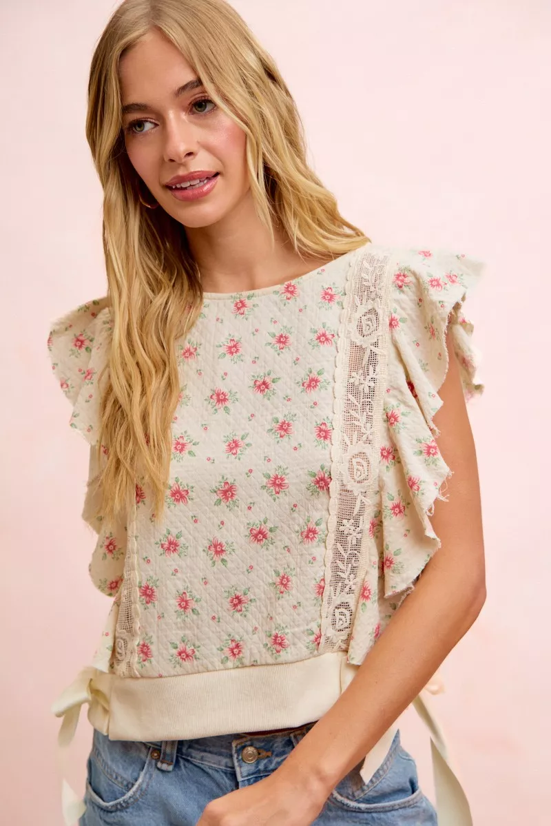BiBi Flower Printed Ruffle Sleeve Trim Detail Top - Image 41