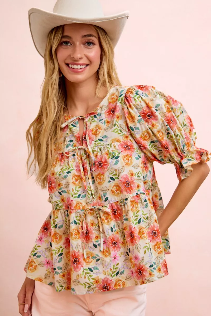 BiBi Flower Printed Shirring Detail Blouse Top - Image 6