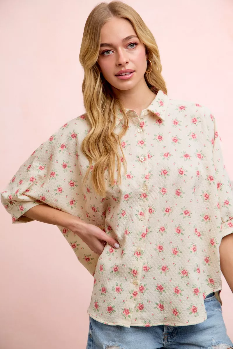 BiBi Flower Printed Short Dolman Blouse Top - Image 2