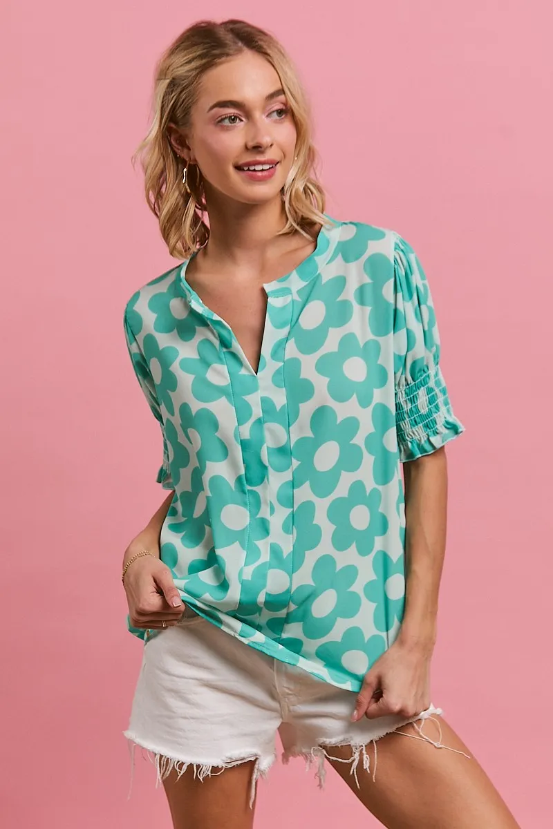 BiBi Flower Printed Woven Smocking Sleeves V Neck Top - Image 4