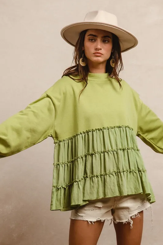 BiBi French Terry and Woven Mixed Tiered Top - Image 5