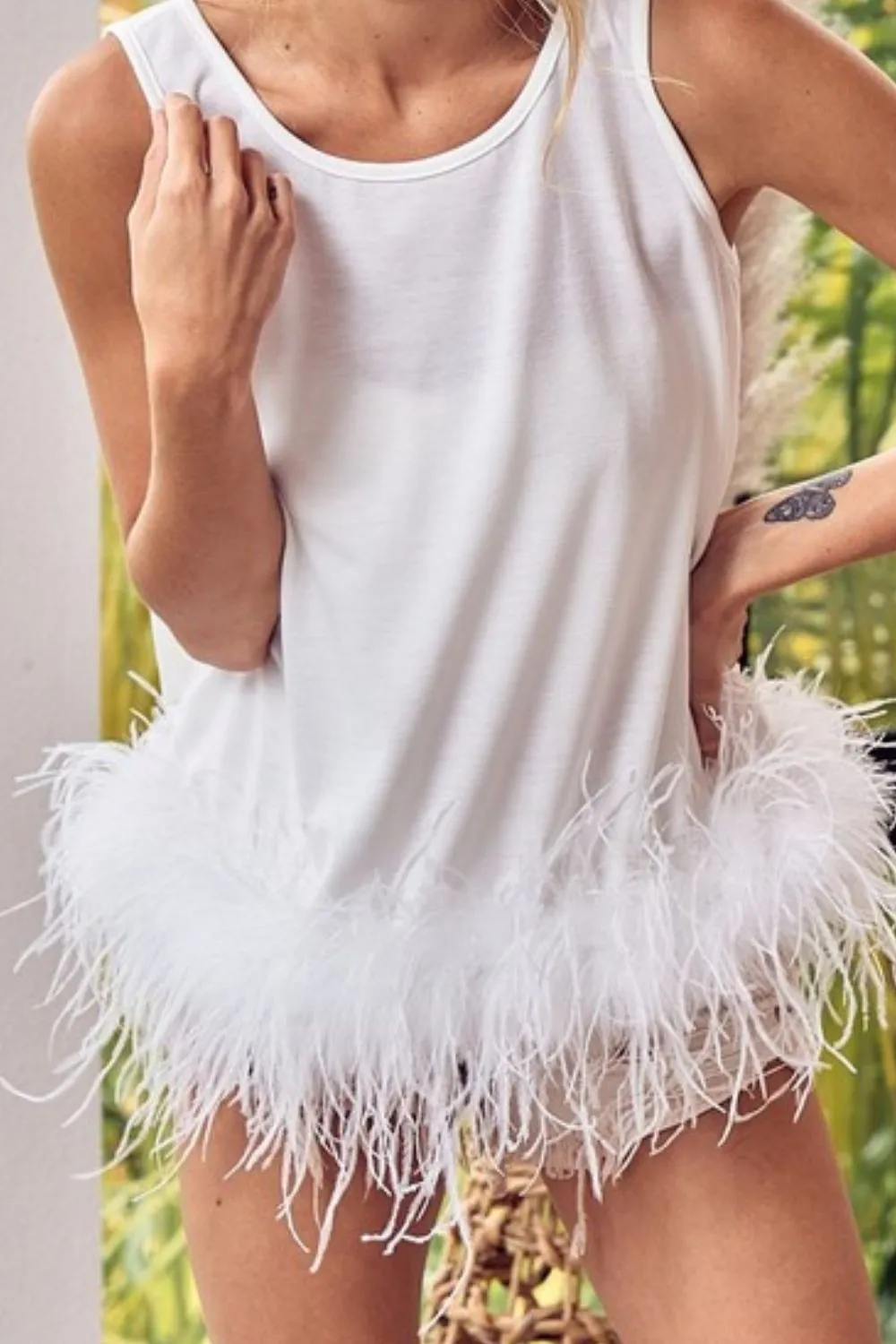 BiBi French Terry Faux Feather Bottom Back Tied Top - Image 3