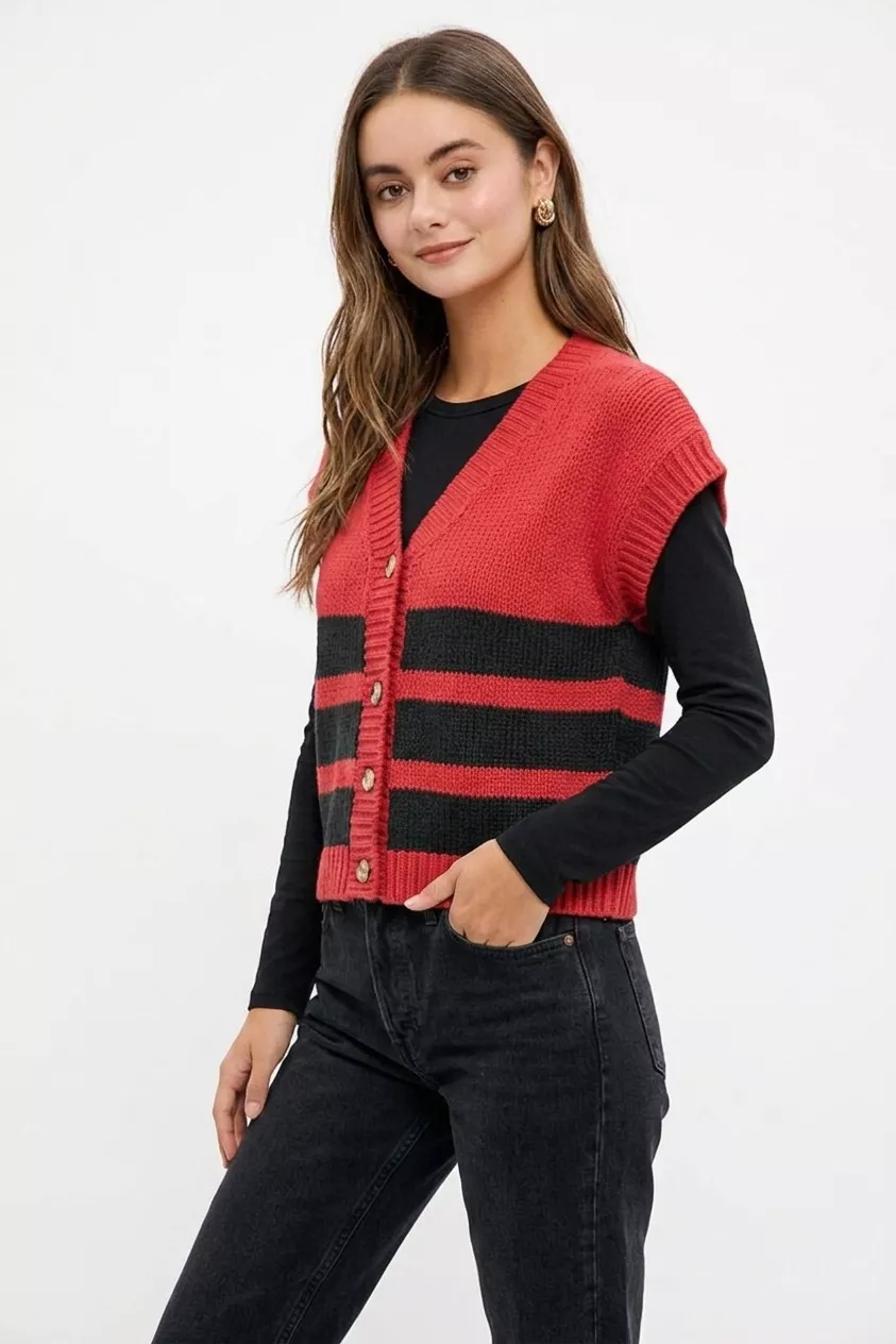 BiBi Game Day Theme Stripe Buttoned V Neck Knit Cardigan - Image 3