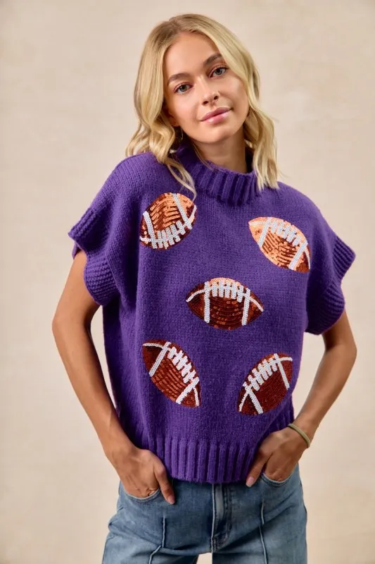 BiBi Gameday Sequin Football Patches Rib Banded Sweater - Image 6