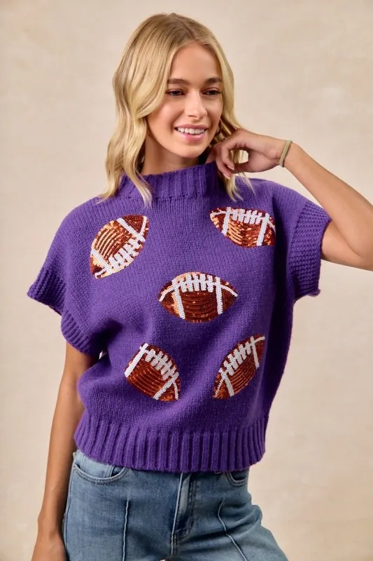 BiBi Gameday Sequin Football Patches Rib Banded Sweater - Image 8