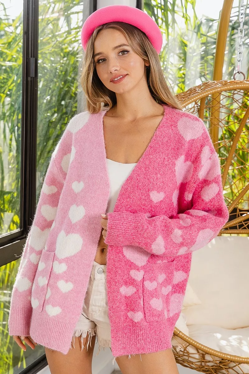 BiBi Heart Color Block V-Beck Knit Cardigan with Pockets - Image 15