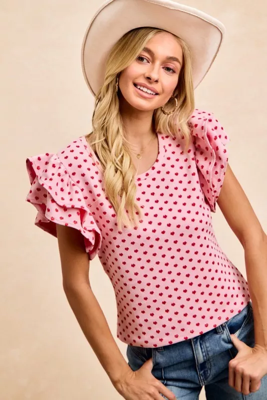 BiBi Heart Patterned Knit Ruffled Sleeves Top - Image 4