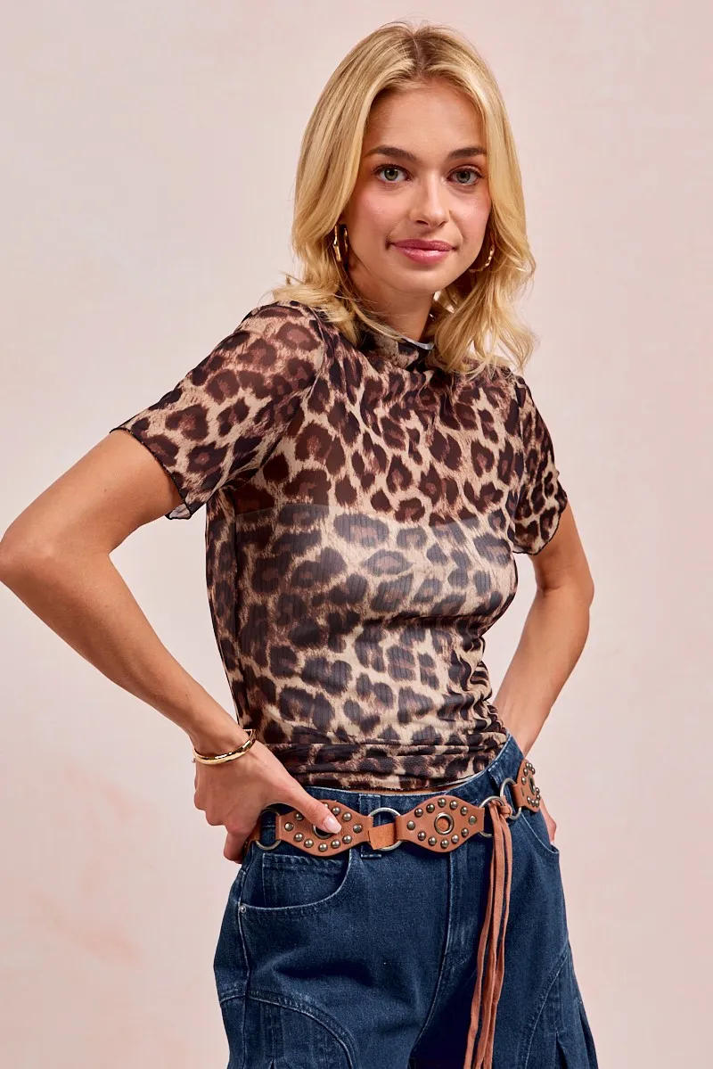 BiBi High Neck Leopard Mesh Short Sleeves Top - Image 12