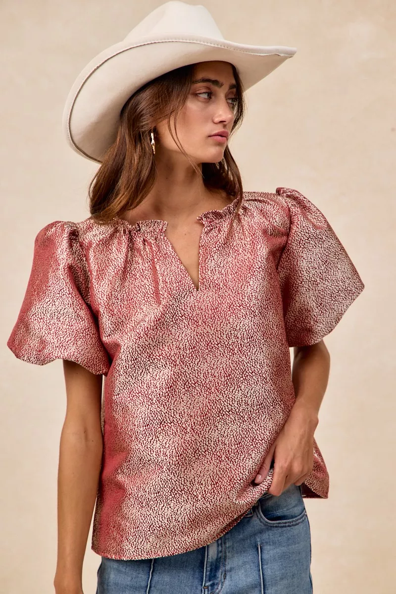 BiBi Jacquard Woven Short Balloon Sleeves V Neck Top - Image 3