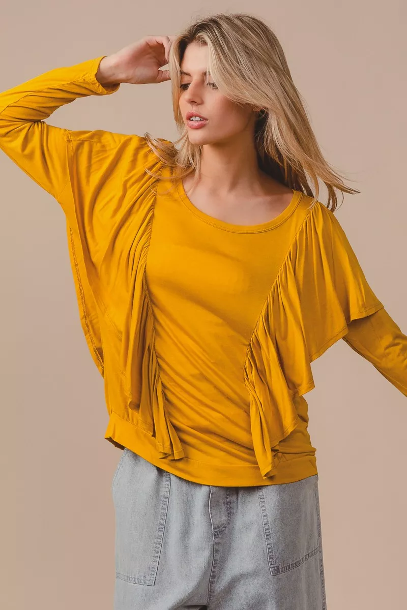 BiBi Jersey Knit Top With Cascade Shoulder Ruffle