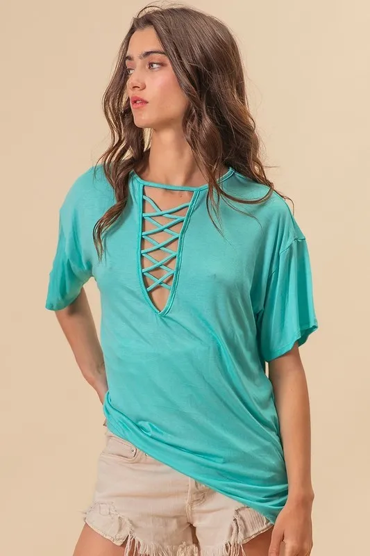 BiBi Jersey Knit Top with Criss Cross Front Neck Detail - Image 2