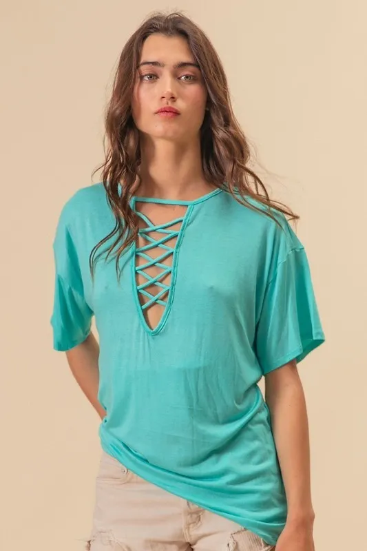 BiBi Jersey Knit Top with Criss Cross Front Neck Detail - Image 5