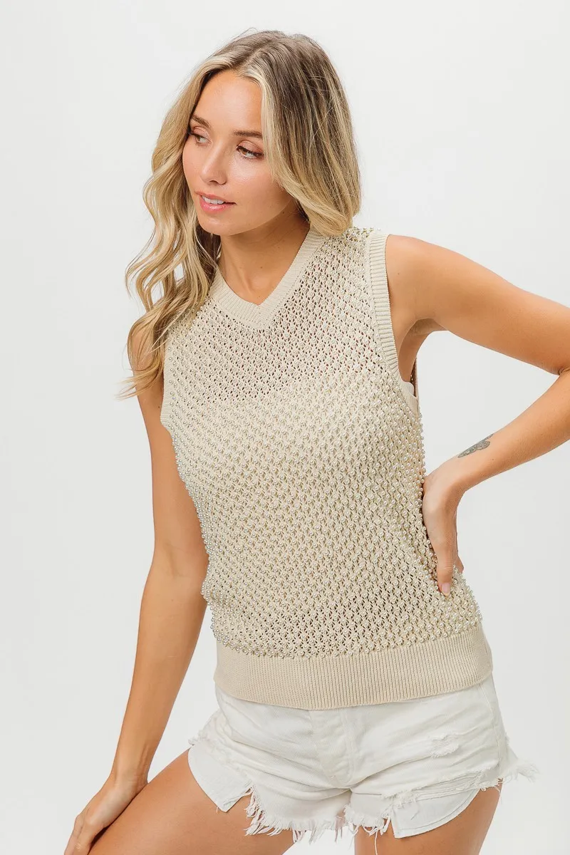 BiBi Knitted Beaded Pearl V Neck Sleveless Top - Image 3