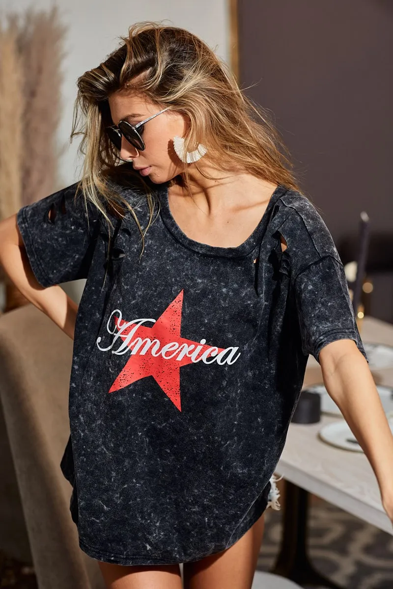 BiBi Laser Cut Mineral Washed Jersey Top with  America - Image 5