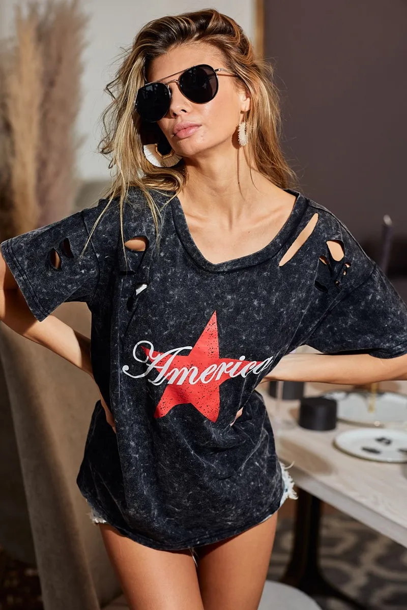 BiBi Laser Cut Mineral Washed Jersey Top with  America - Image 7