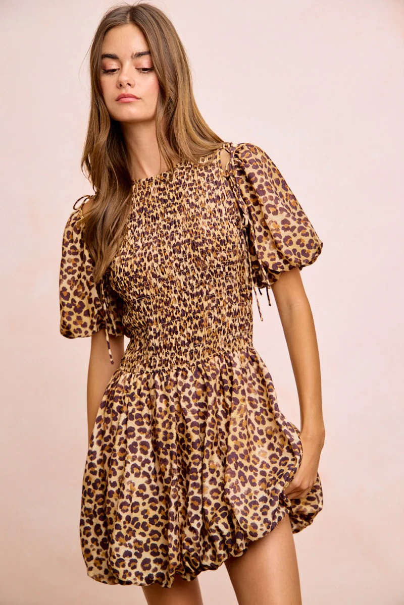 BiBi Leopard Bow Tie Attachable Puff Sleeves Dress - Image 14