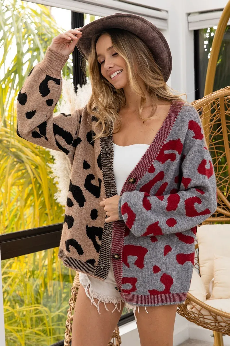 BiBi Leopard Color Block Button Down Sweater Cardigan - Image 2