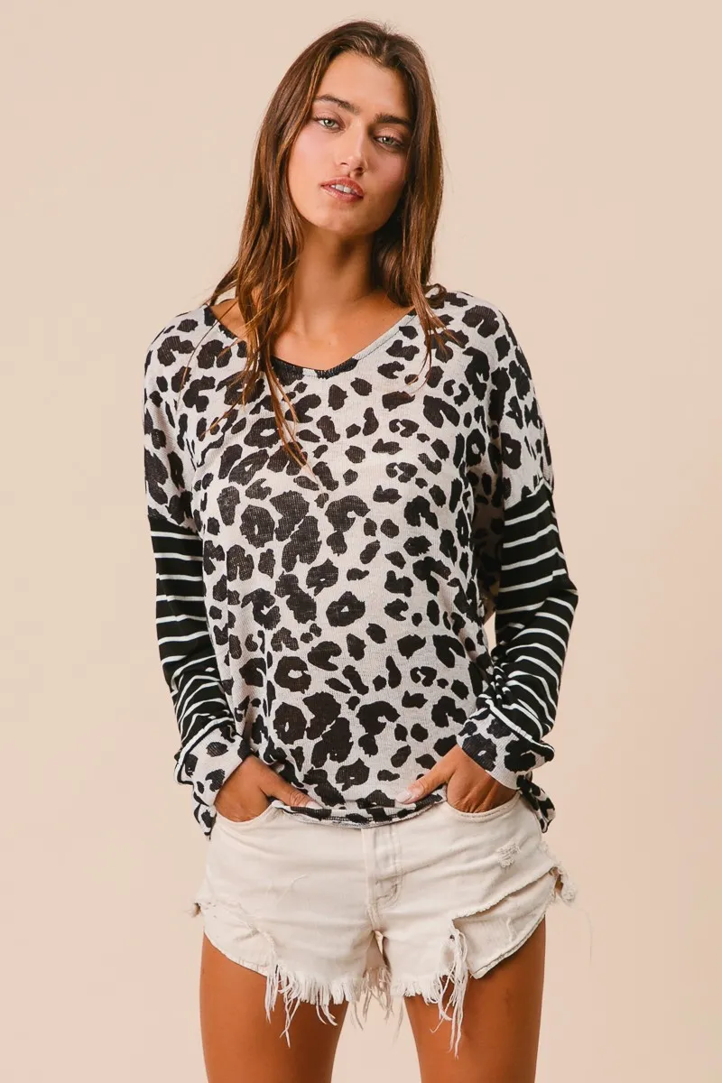 BiBi Leopard Hacci Knit Twist Back Top With Stripe Sleeve - Image 4