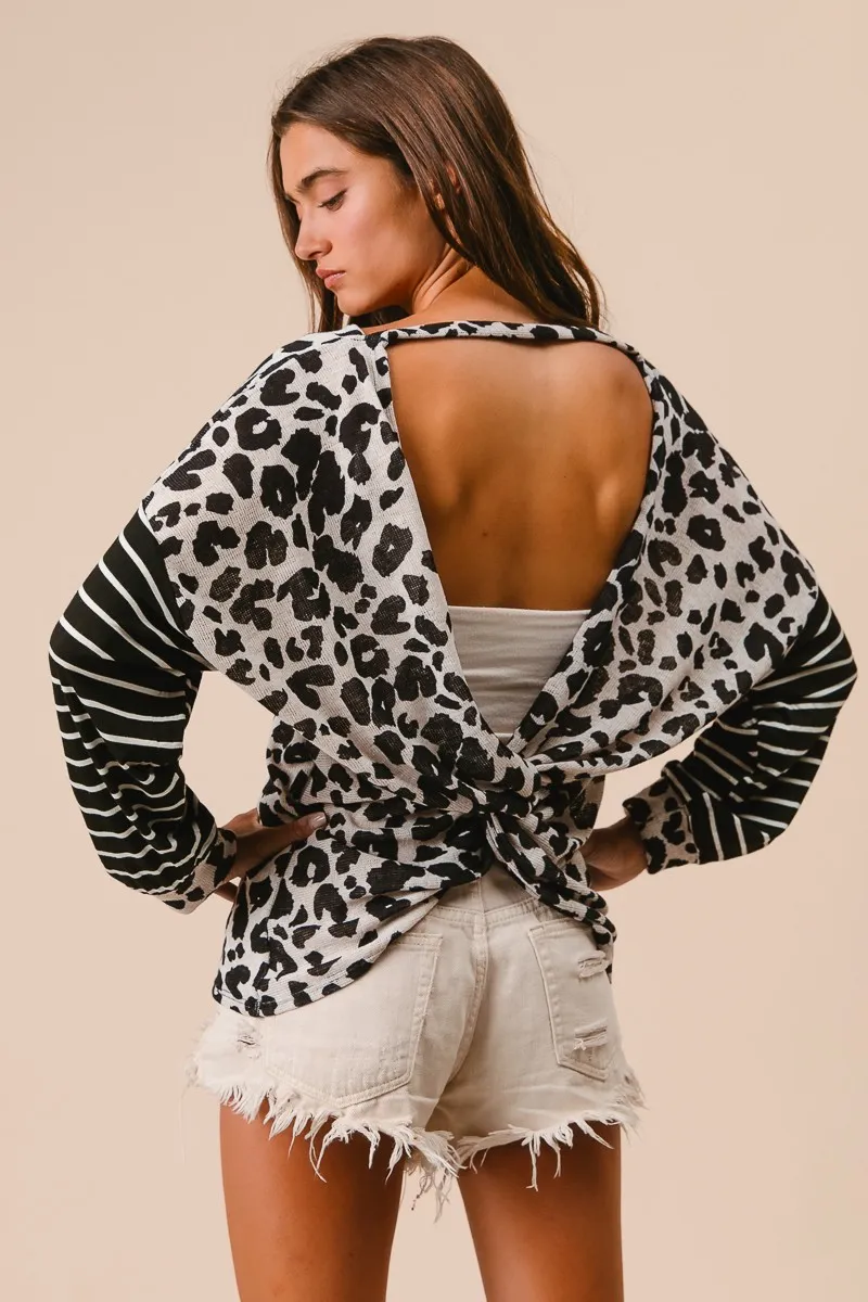 BiBi Leopard Hacci Knit Twist Back Top With Stripe Sleeve - Image 9