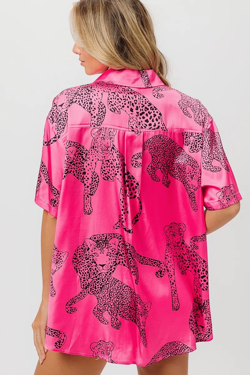 BiBi Leopard Print Short Sleeve Silky Satin Shirt Top - Image 11