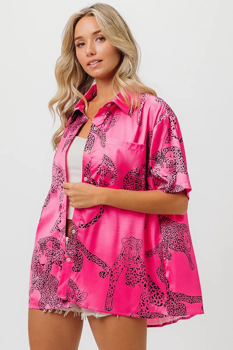 BiBi Leopard Print Short Sleeve Silky Satin Shirt Top - Image 9