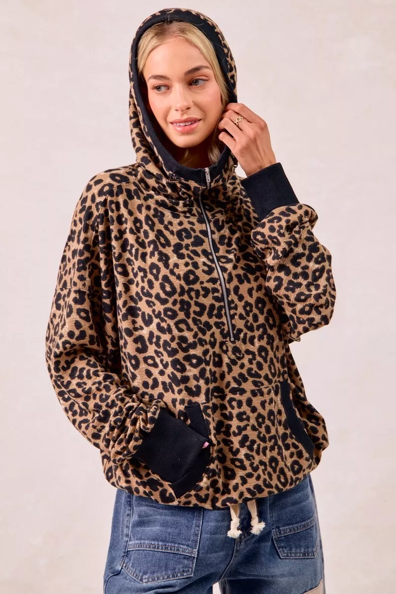 BiBi Leopard Print Waffle Half Zip Up Hoodie W Pocket - Image 10