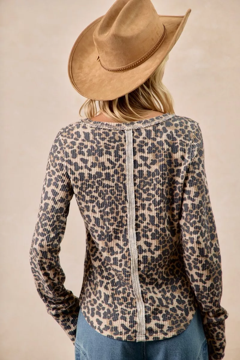 BiBi Leopard Print Washed Waffle Thermal Top with Thumb - Image 14