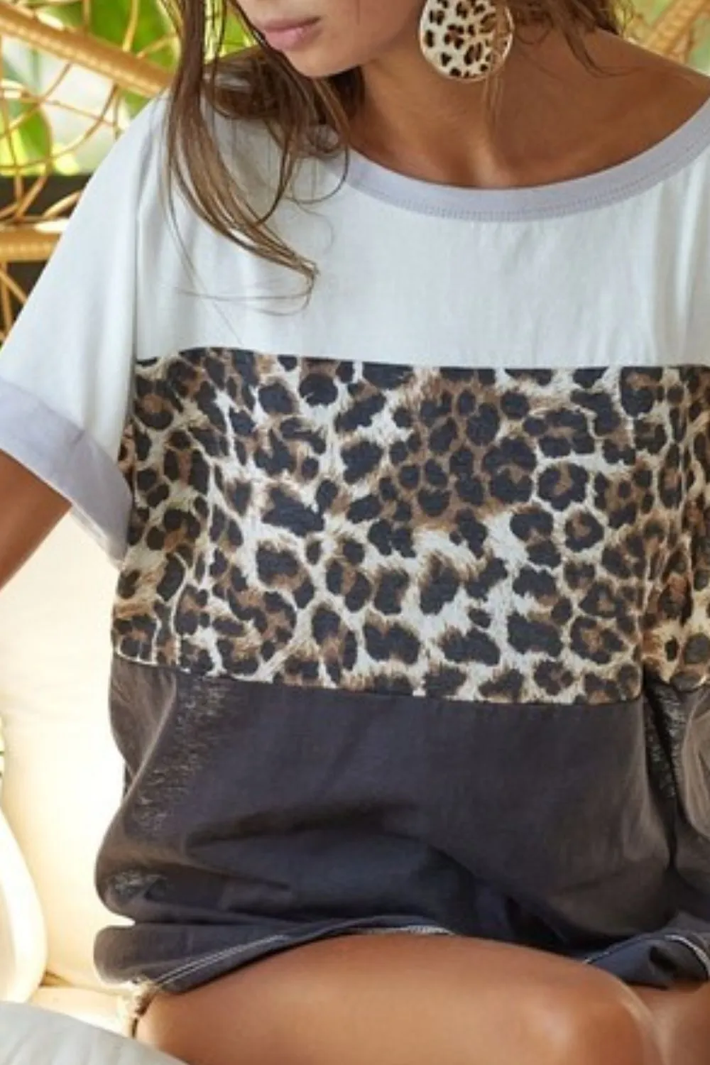BiBi Leopard Printed Jersey Color Block Roll Up Top - Image 3