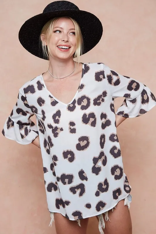 BiBi Leopard Printed V Neck Woven Top with Ruffled - Image 6