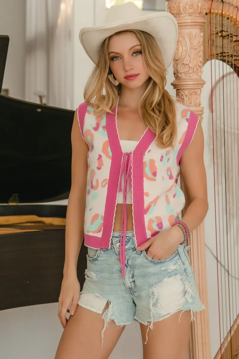 BiBi Leopard Sweater Vest With Front Tie and Scallop Detail - Image 10
