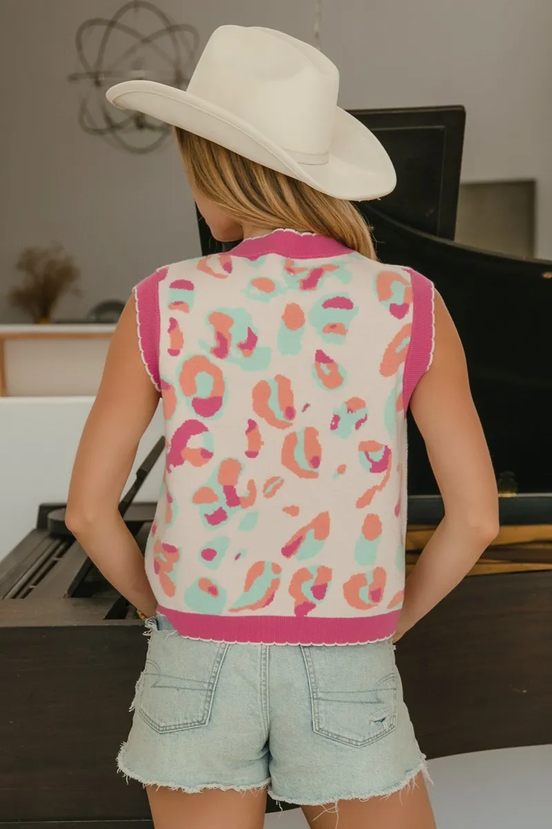 BiBi Leopard Sweater Vest With Front Tie and Scallop Detail - Image 5