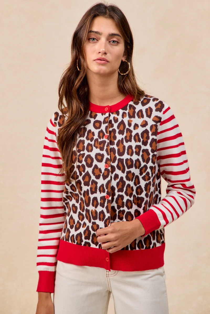 BiBi Leopard With Stripe Combo Buttoned Cardigan - Image 12