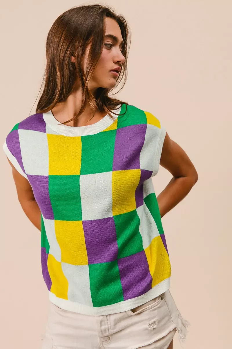 BiBi Mardi Gras Checker Pattern Sleeveless Sweater Top - Image 10