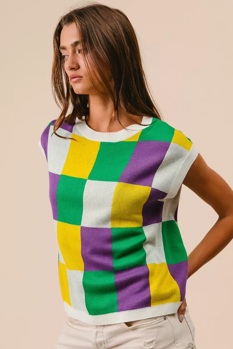 BiBi Mardi Gras Checker Pattern Sleeveless Sweater Top - Image 11