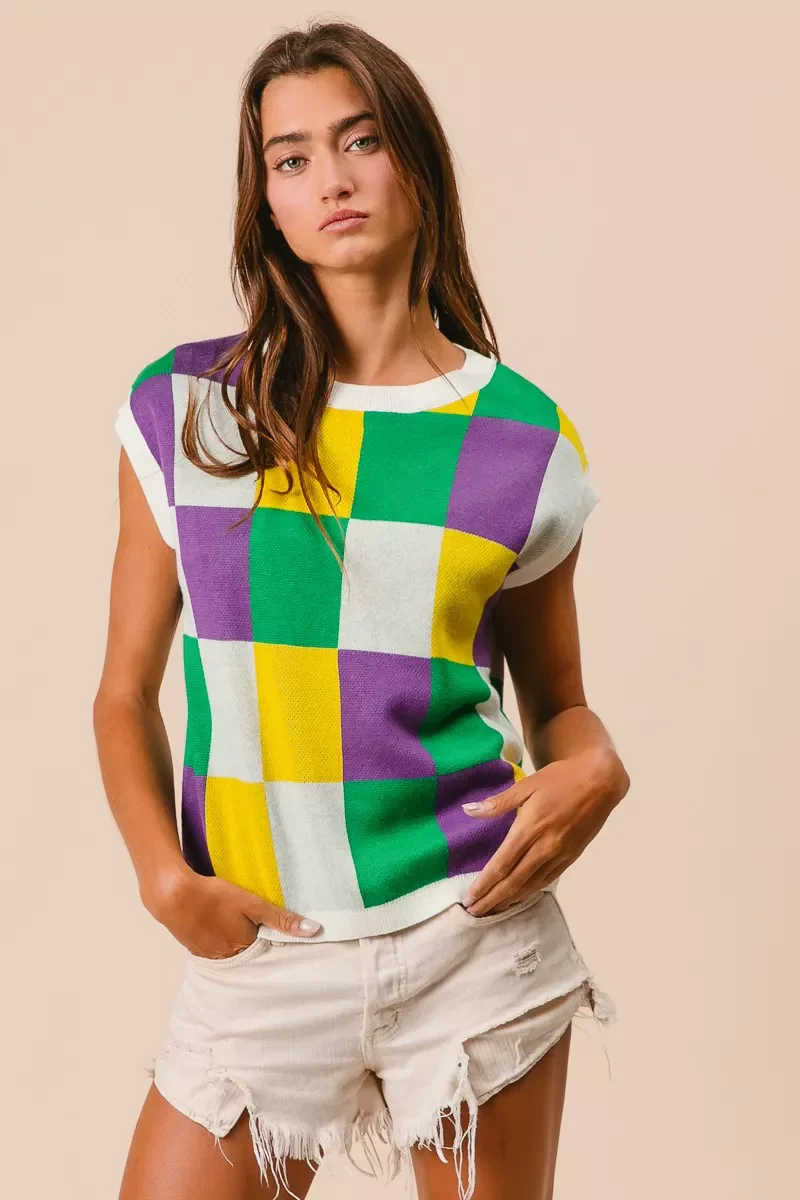 BiBi Mardi Gras Checker Pattern Sleeveless Sweater Top - Image 12