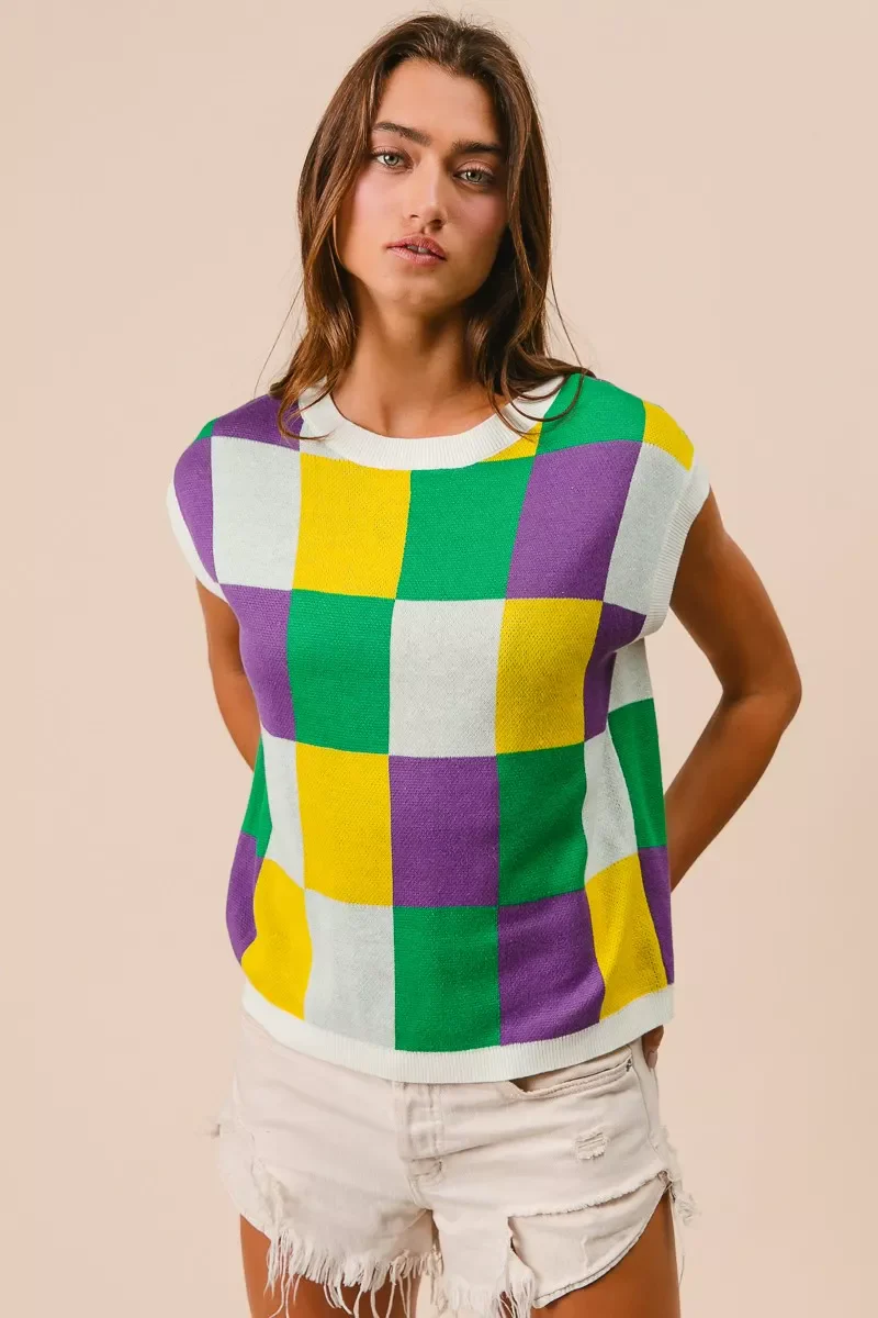 BiBi Mardi Gras Checker Pattern Sleeveless Sweater Top - Image 13
