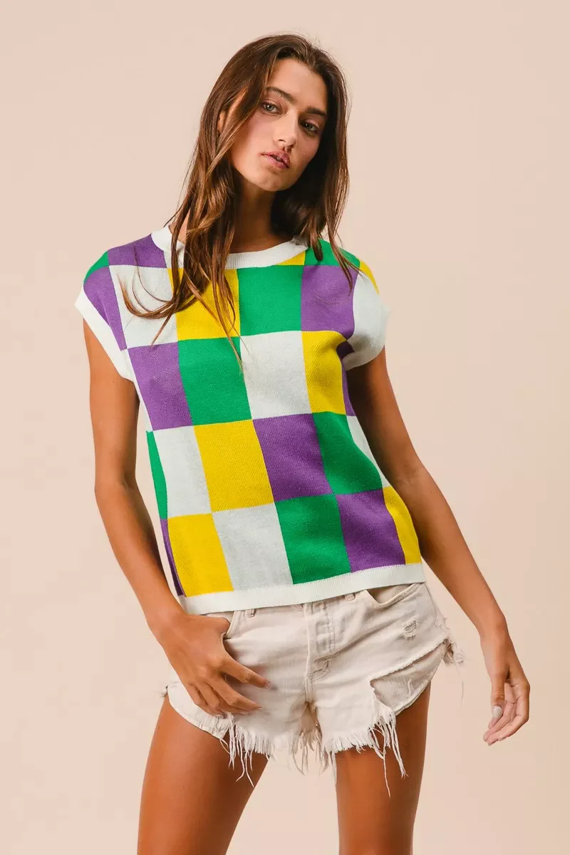 BiBi Mardi Gras Checker Pattern Sleeveless Sweater Top - Image 14