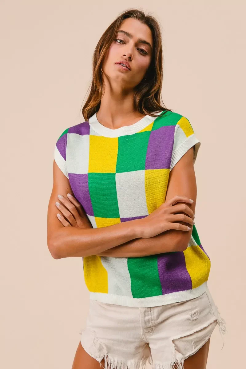 BiBi Mardi Gras Checker Pattern Sleeveless Sweater Top - Image 15