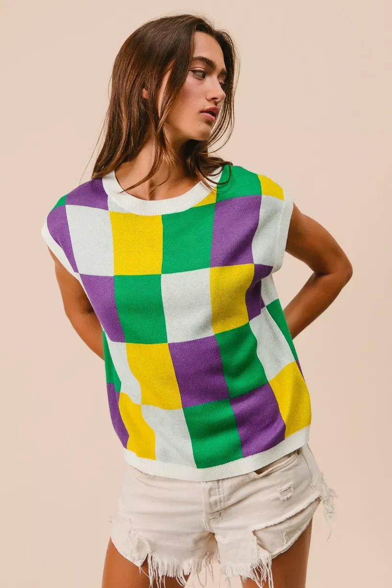 BiBi Mardi Gras Checker Pattern Sleeveless Sweater Top - Image 16