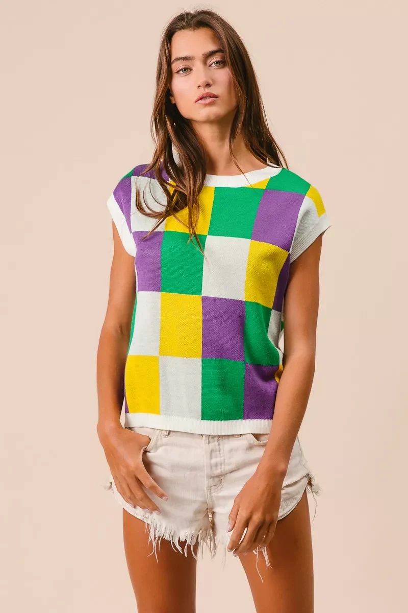BiBi Mardi Gras Checker Pattern Sleeveless Sweater Top - Image 17