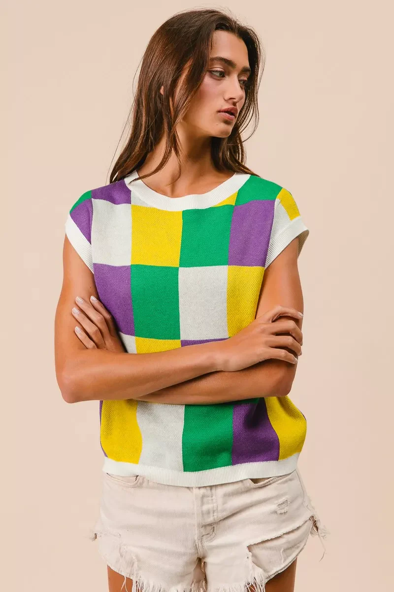 BiBi Mardi Gras Checker Pattern Sleeveless Sweater Top - Image 19