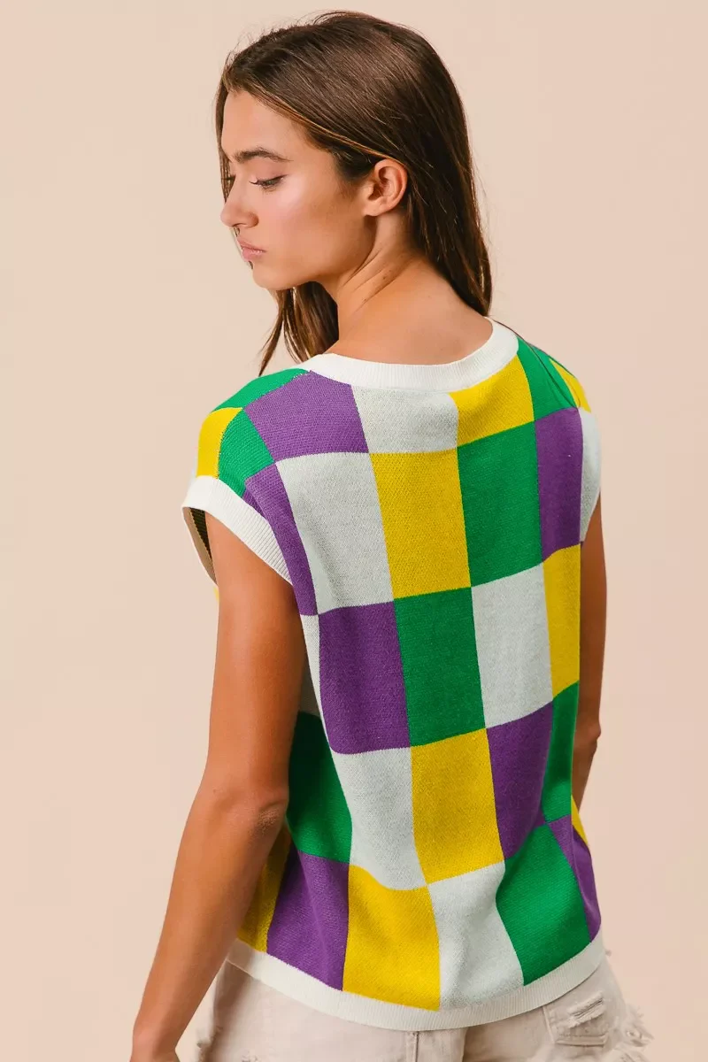 BiBi Mardi Gras Checker Pattern Sleeveless Sweater Top - Image 20