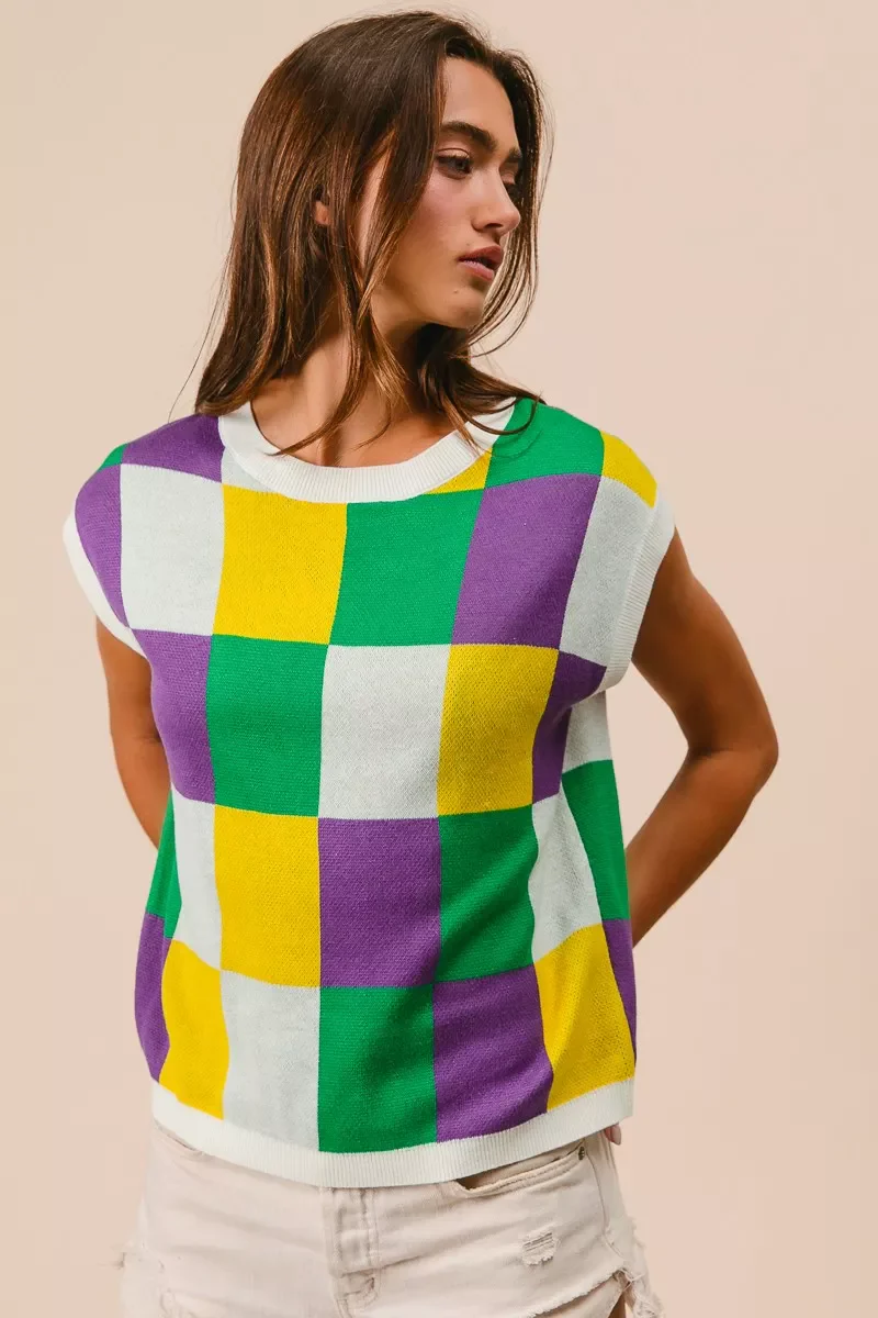 BiBi Mardi Gras Checker Pattern Sleeveless Sweater Top - Image 3