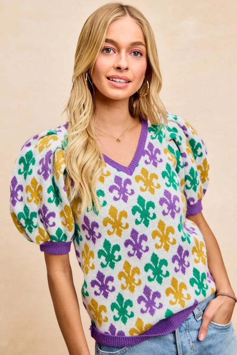 BiBi Mardi Gras Fleur De Lis Patterned V Neck Knit Top - Image 3