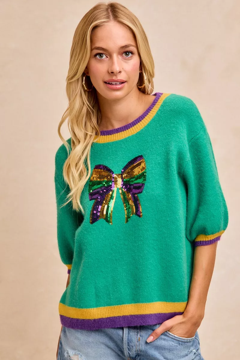 BiBi Mardi Gras Sequin Ribbon Patched Sweater - Image 10