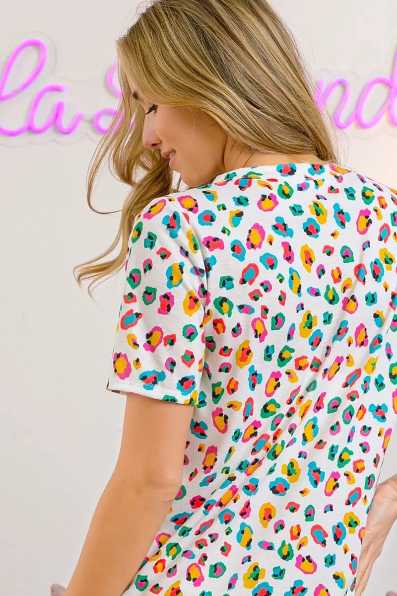 BiBi Multi Color Leopard Jersey Shirred V Neck Top - Image 19